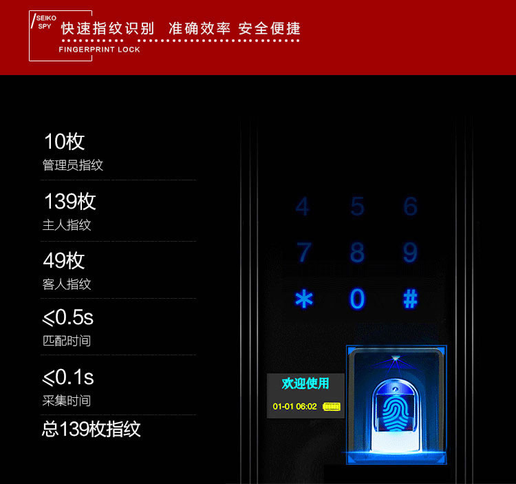 玉蛟龙智能门锁 智能锁防窥视输入、半导体/光学指纹传感器