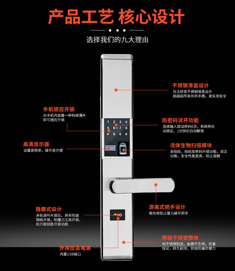 帅荣不锈钢指纹锁 家用智能锁 滑盖智能锁