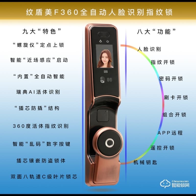 纹盾美智能锁 F360人脸识别智能指纹锁