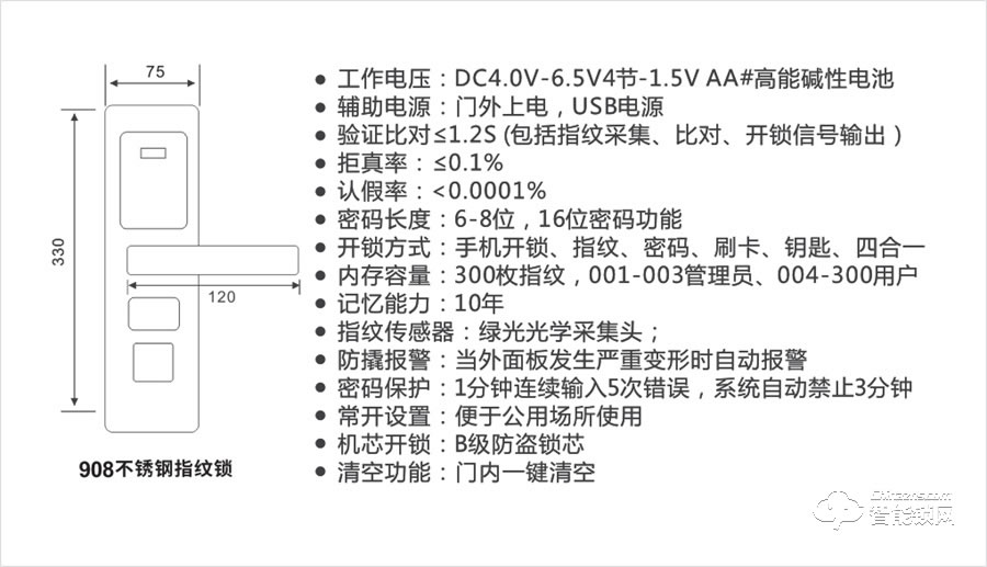 兰博全自动锁 908不锈钢指纹锁