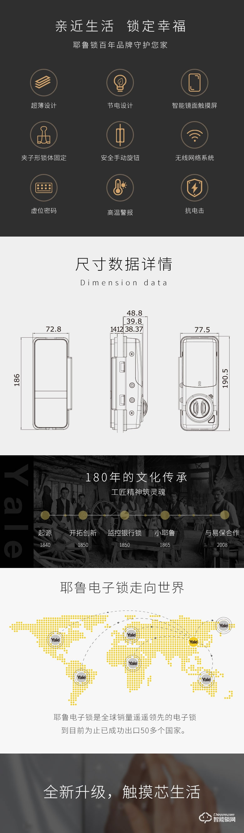 耶鲁智能锁 YDG313玻璃门锁密码刷卡锁