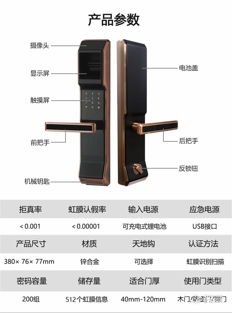 凯奇普智能锁 HS1702多重验证虹膜智能锁