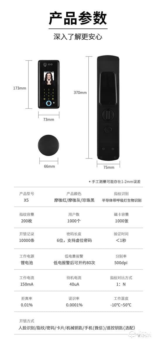 嘉仕邦3D人脸识别智能锁X5半导体生物识别