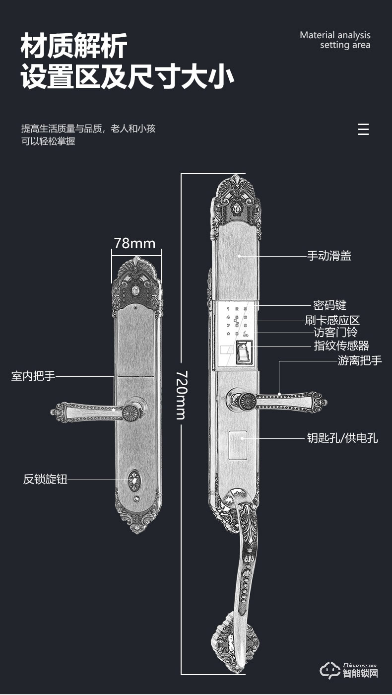 银驰纯铜指纹别墅锁 隐藏式超C级锁芯