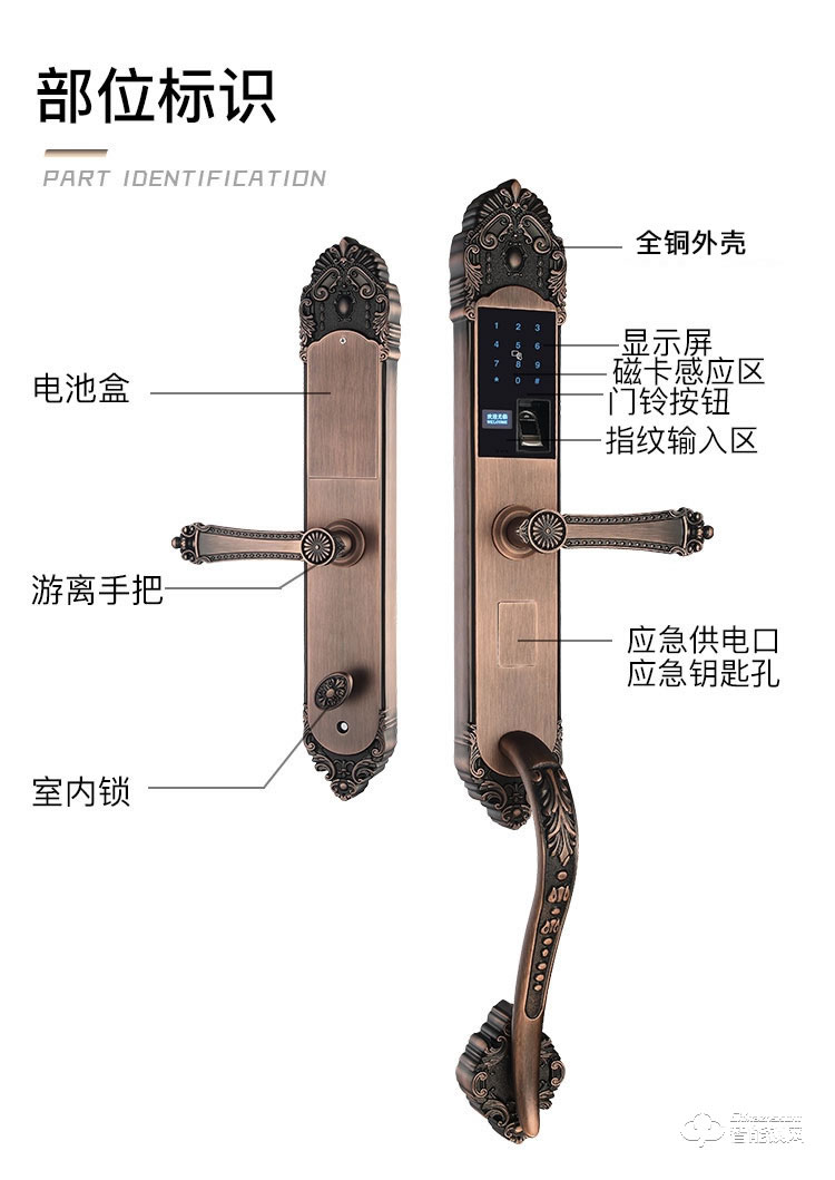 银驰纯铜双开别墅智能锁 纯铜材质外壳