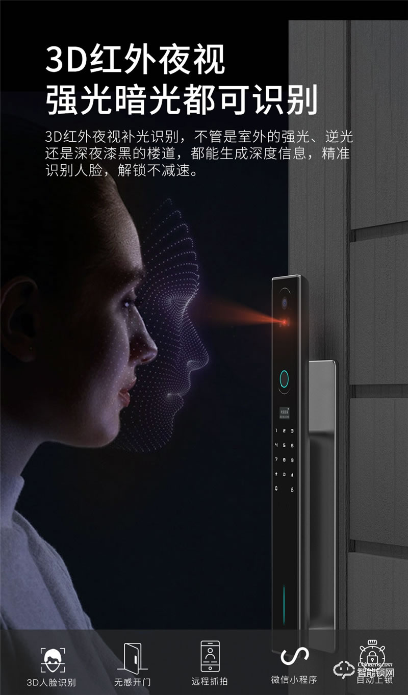 魅指3D双目人脸识别智能锁 刷脸秒开无感开门