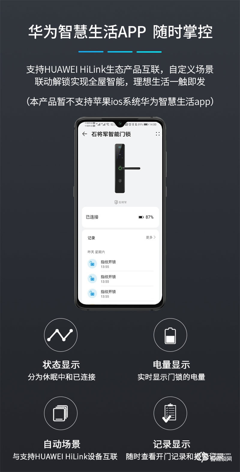 石将军指纹锁S3H 家用防盗门密码锁支持HUAWEI HiLink